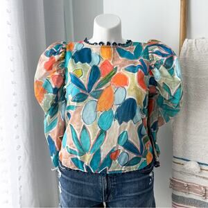 Nic + Zoe Citrus Grove Floral Watercolor Cotton Long Puff Sleeves Blouse Medium